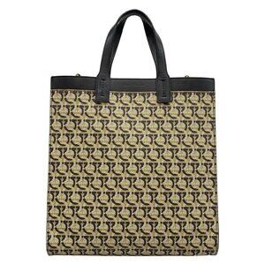 Auth Salvatore Ferragamo Gancini Beige Black White PVC Leather Tote Bag